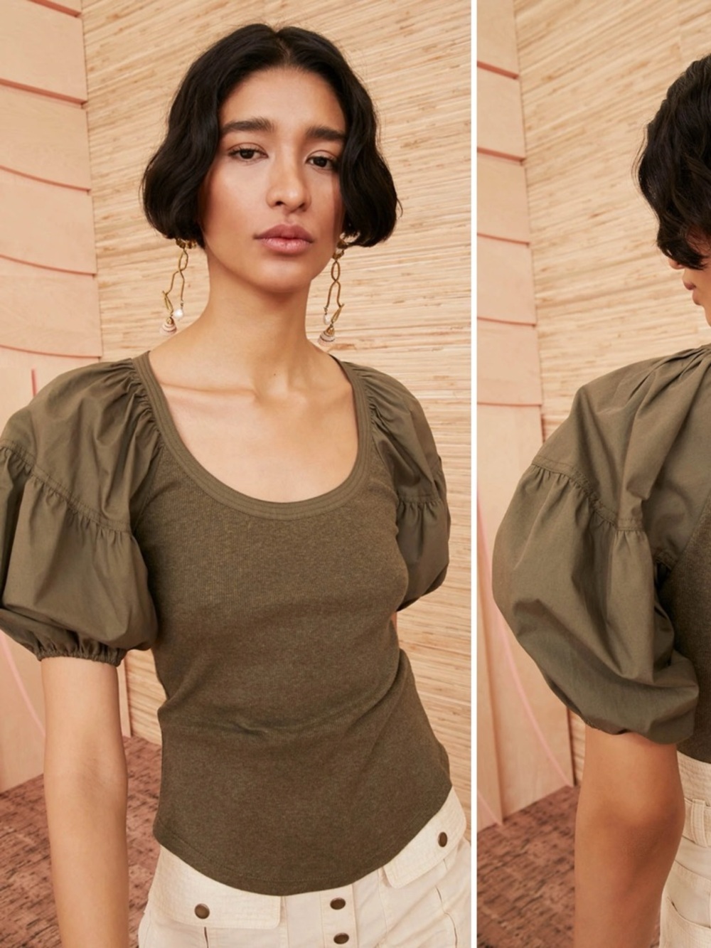 ULLA JOHNSON Harlowe Ribbed Knit Puff Sleeve Scoop Neck Blouse Top \\ P (XS)